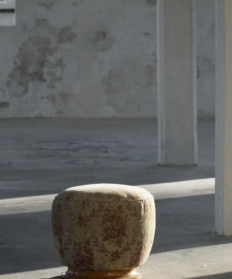 Danish_Art_Deco,_Sculptural_Round_Pouf_in_Fabric_&_Burl_Wood,_1940s