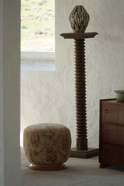 Danish_Art_Deco,_Sculptural_Round_Pouf_in_Fabric_&_Burl_Wood,_1940s