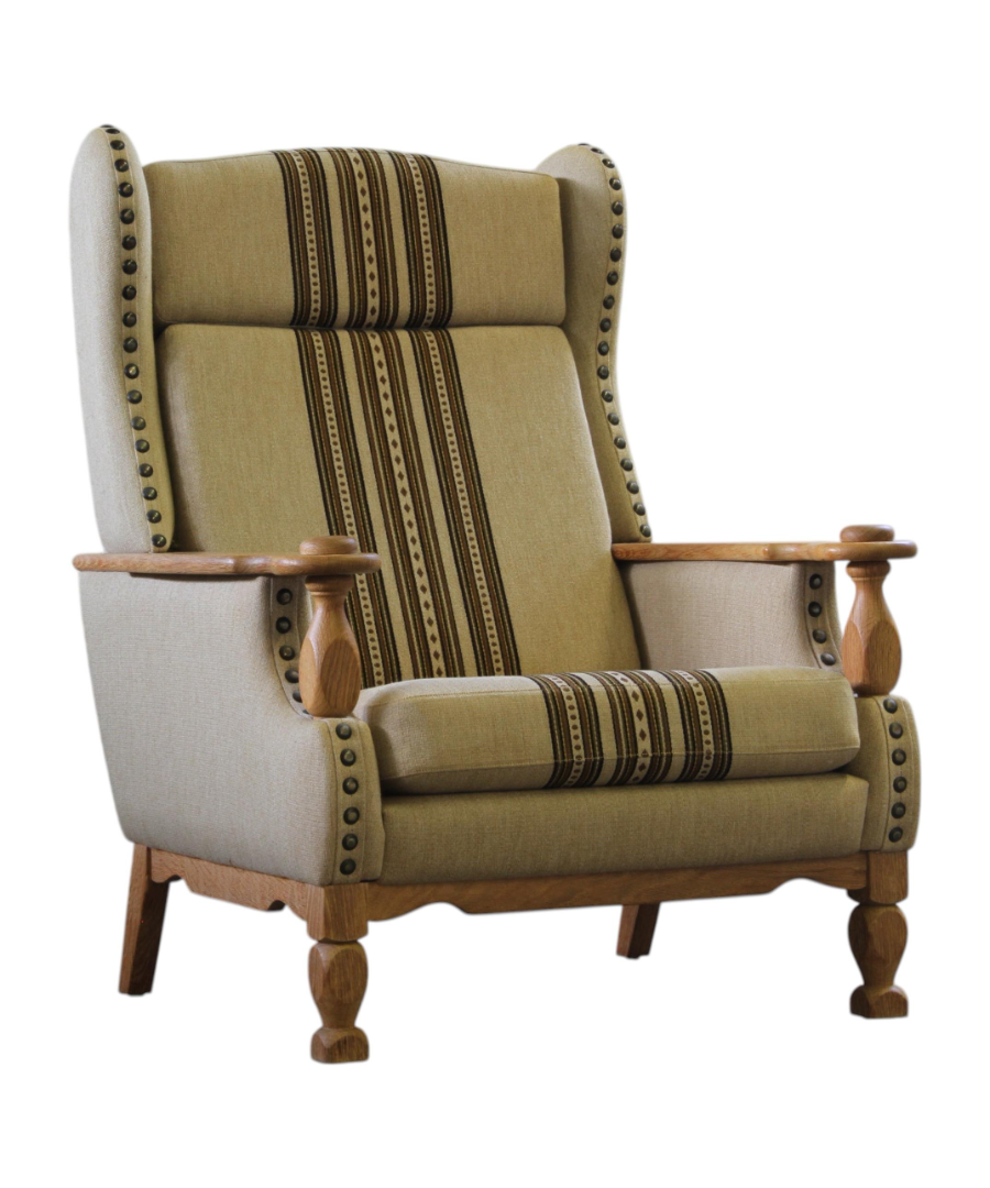 Danish_Brutalist_High-Back_Oak_Lounge_Chair_with_Original_Savak_Wool_Upholstery,_Henning_Kjærnulf_Style,_1960s