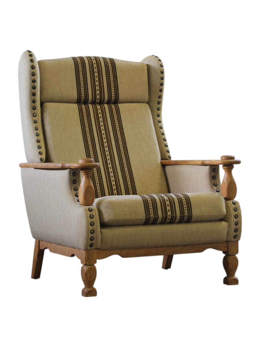 Danish_Brutalist_High-Back_Oak_Lounge_Chair_with_Original_Savak_Wool_Upholstery,_Henning_Kjærnulf_Style,_1960s