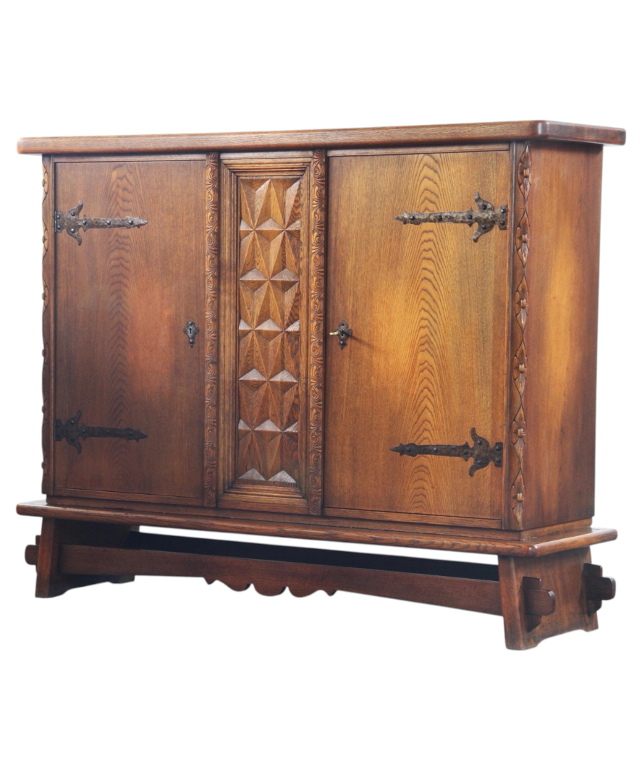 Danish_Brutalist_Oak_Cabinet_with_Carved_Diamond_Details,_Attributed_to_Henning_Kjærnulf,_1960s