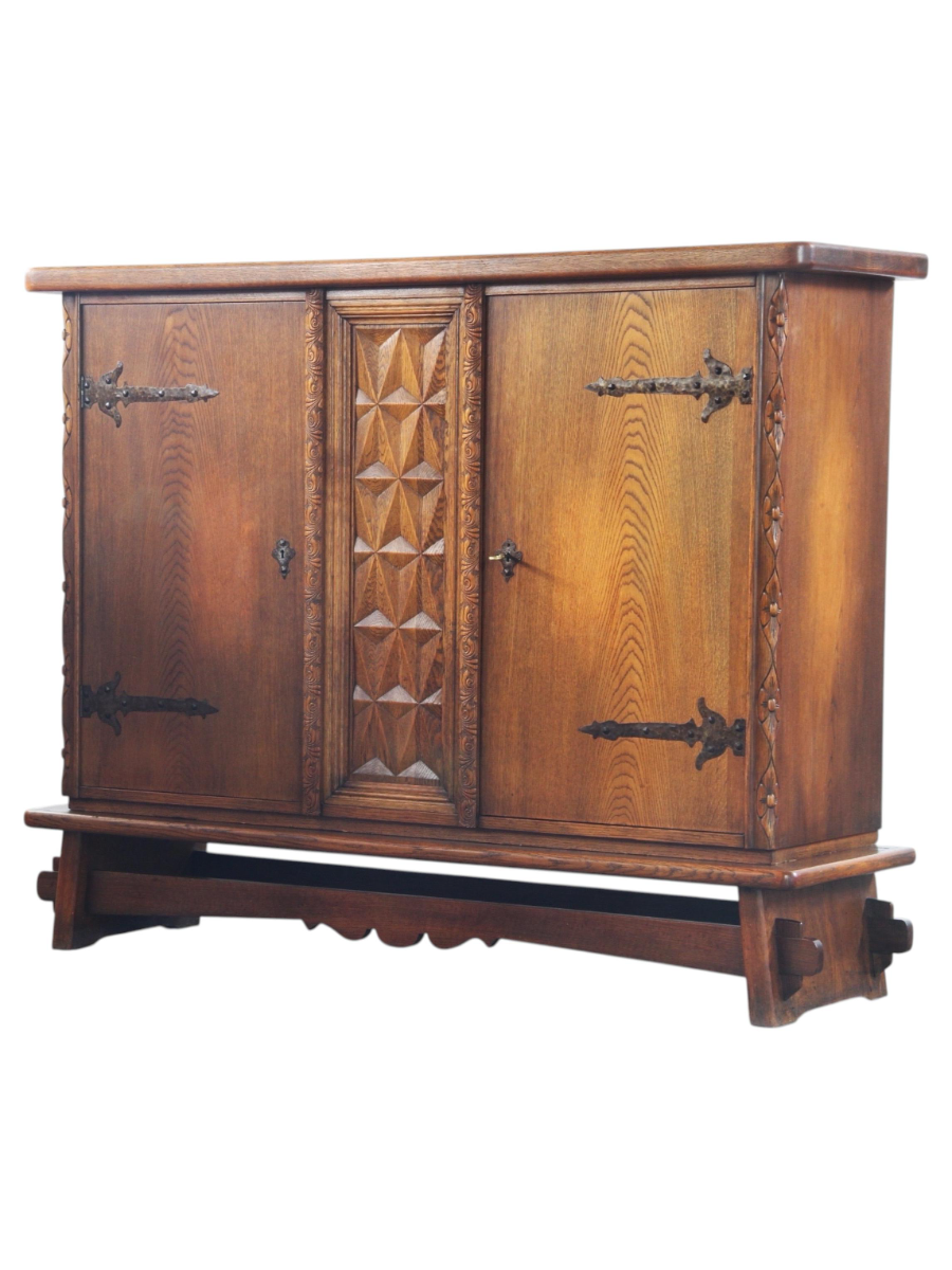 Danish_Brutalist_Oak_Cabinet_with_Carved_Diamond_Details,_Attributed_to_Henning_Kjærnulf,_1960s