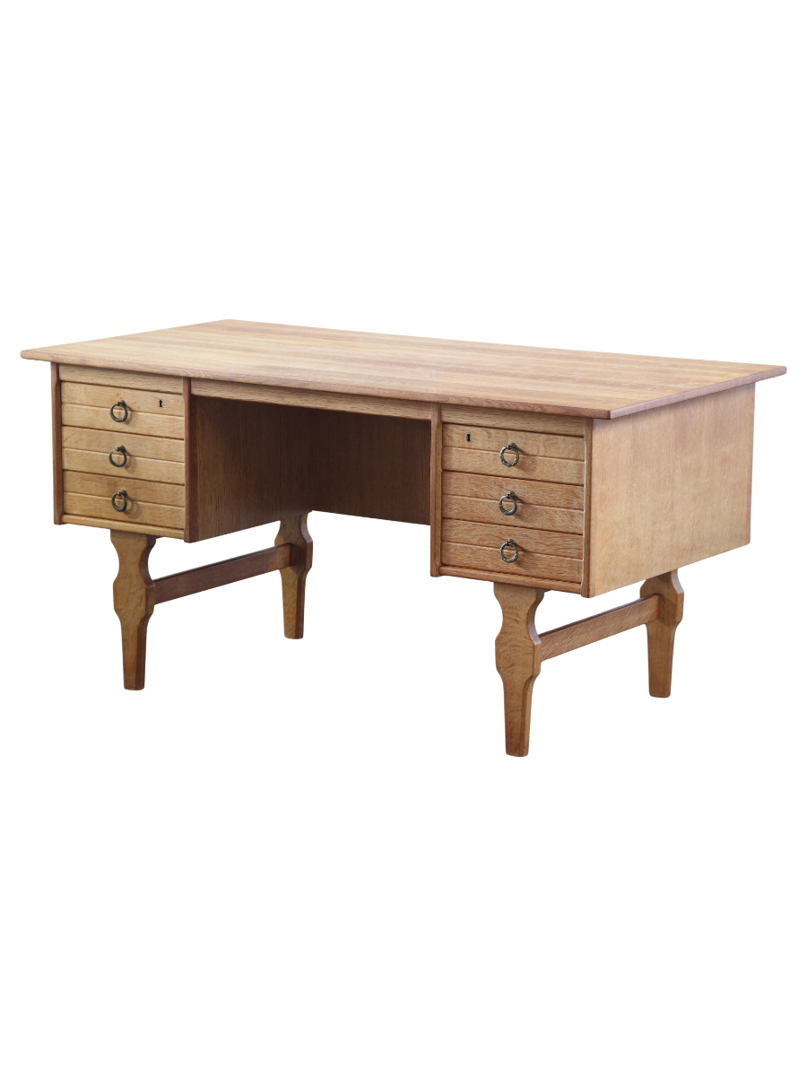 Danish_Brutalist_Oak_Executive_Desk_with_Six_Drawers_and_Bookshelf,_Attributed_to_Henning_Kjærnulf,_1960s