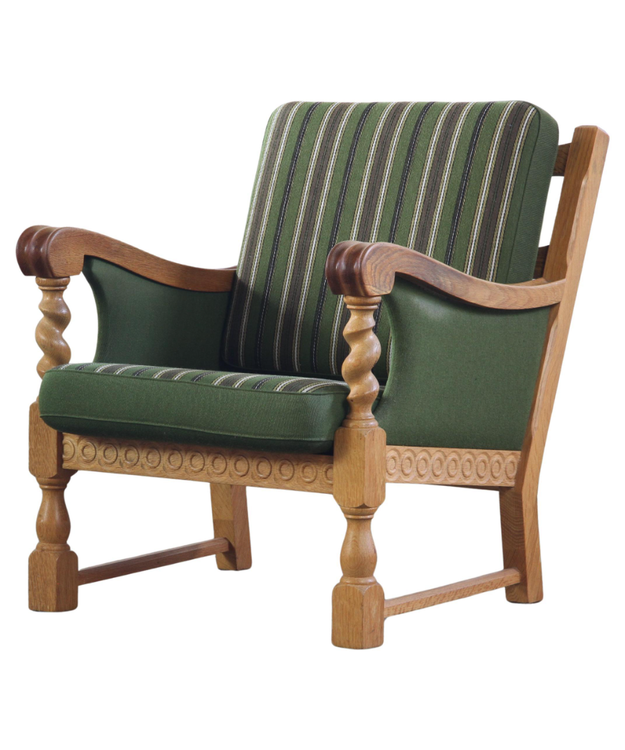 Danish_Brutalist_Oak_Lounge_Chair_with_Green_Wool_Upholstery,_Attributed_to_Henning_Kjærnulf,_1960s