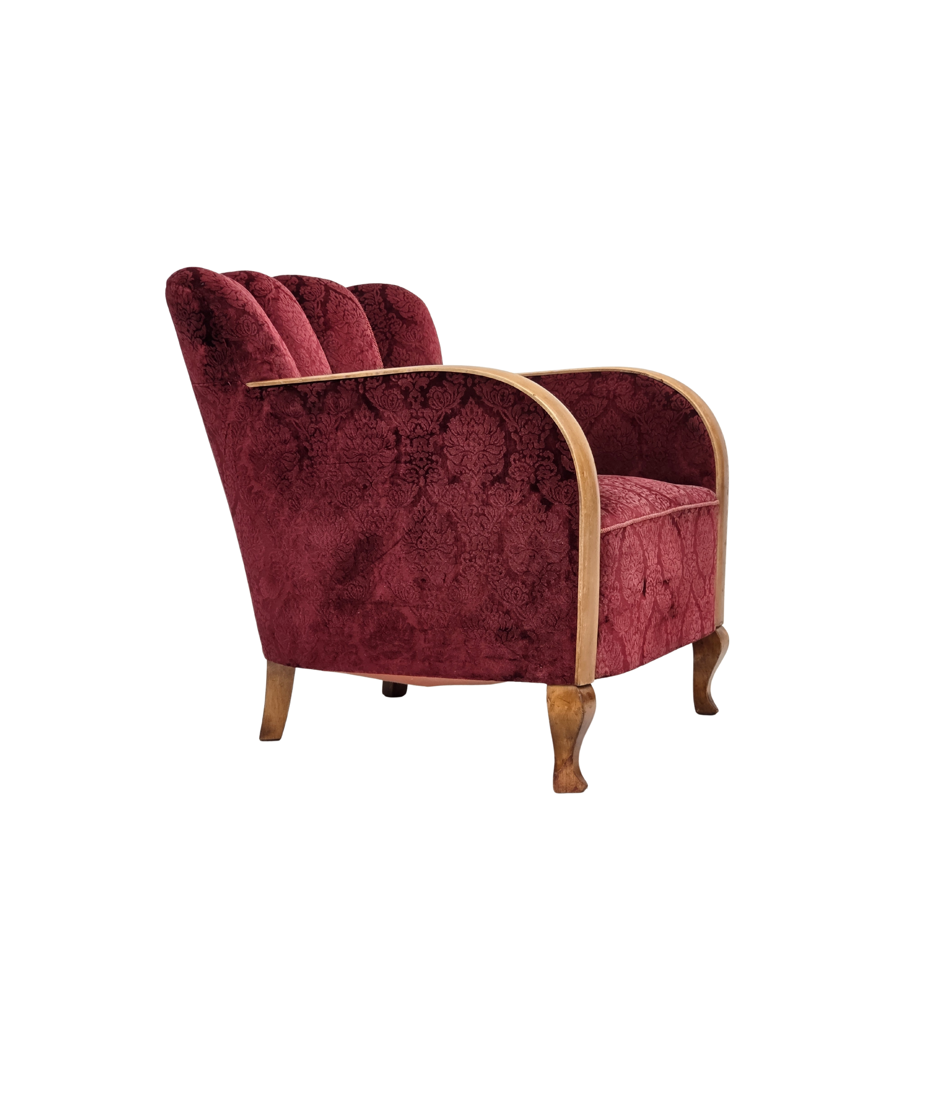 Danish_Cherry_Red_Velour_Lounge_Chair_with_Bent_Beechwood_Frame,_1960s