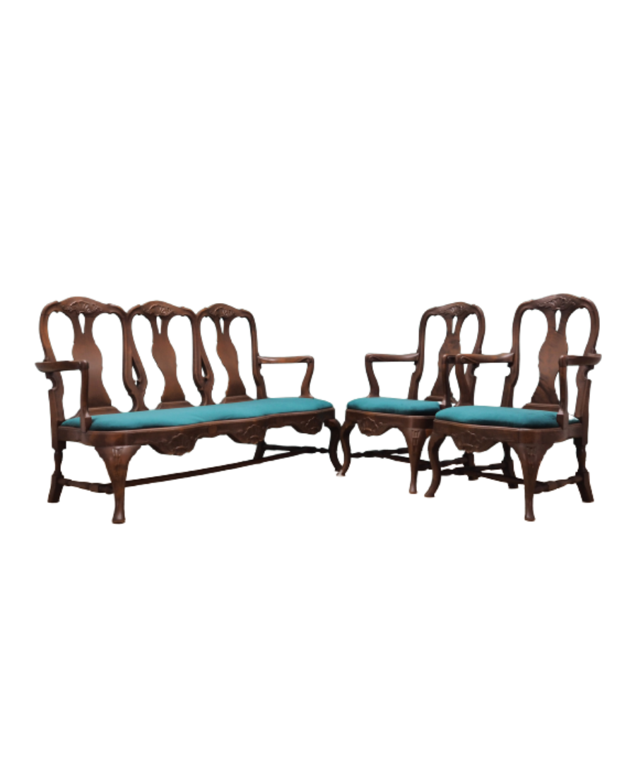Danish_Chippendale_Living_Room_Set_in_Walnut_and_Green_Velour,_1970s