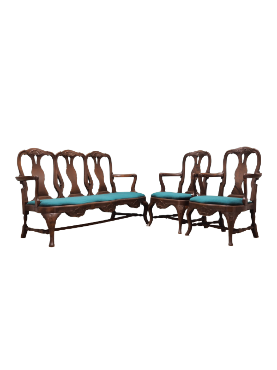 Danish_Chippendale_Living_Room_Set_in_Walnut_and_Green_Velour,_1970s