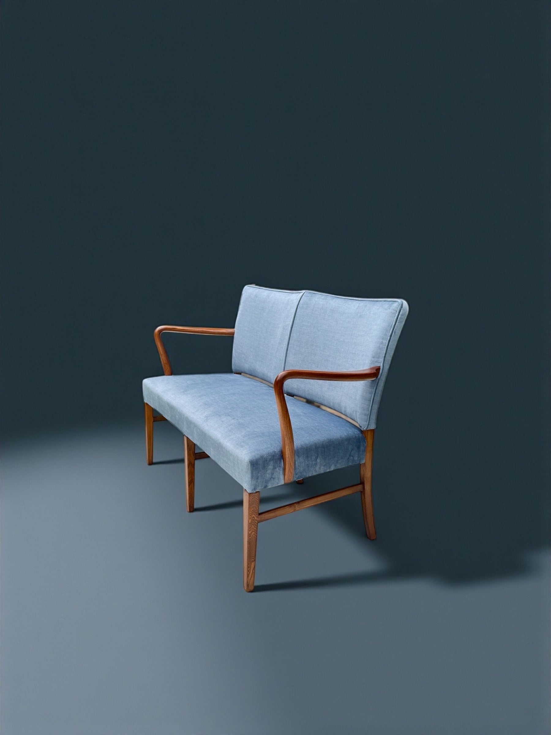 Danish_Two_Seater_Sofa_in_Walnut_and_Light_Blue_Velvet