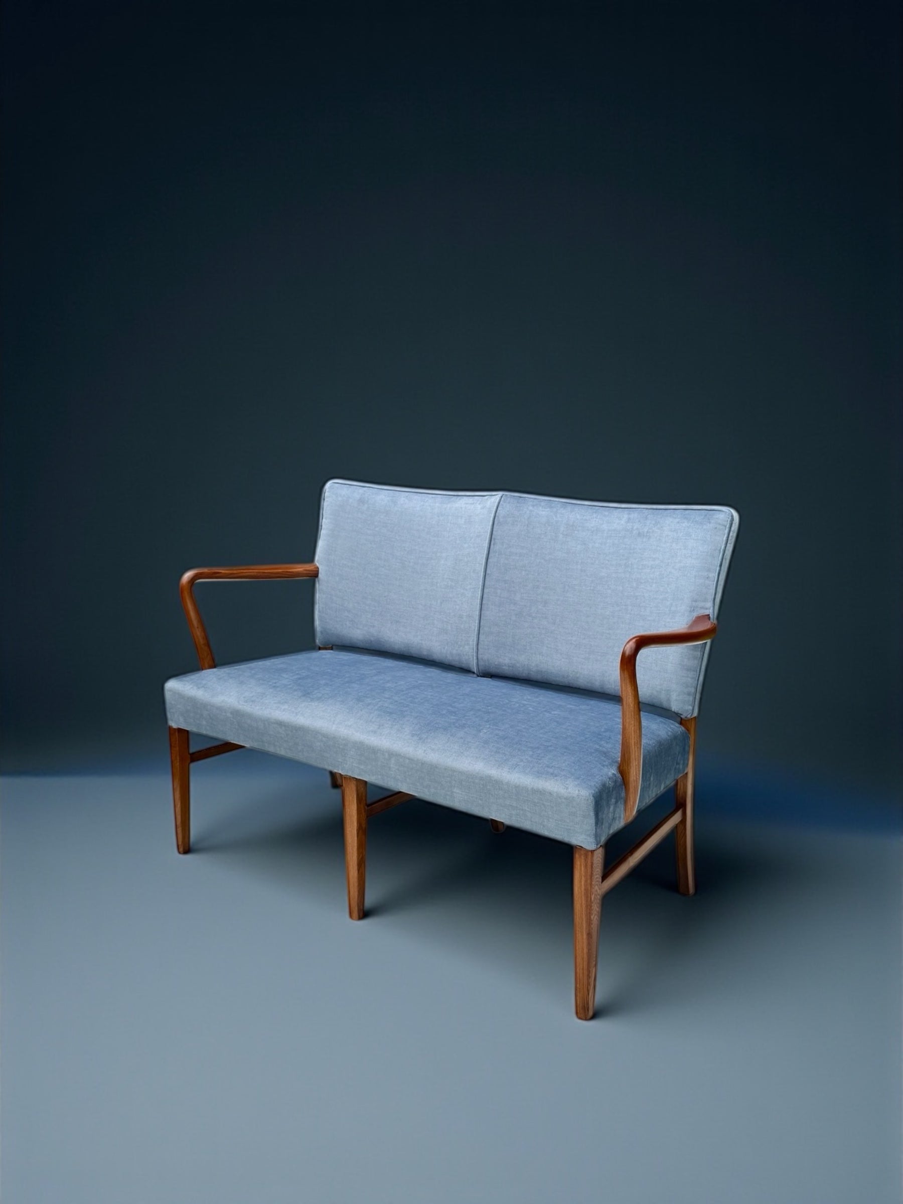 Danish_Two_Seater_Sofa_in_Walnut_and_Light_Blue_Velvet