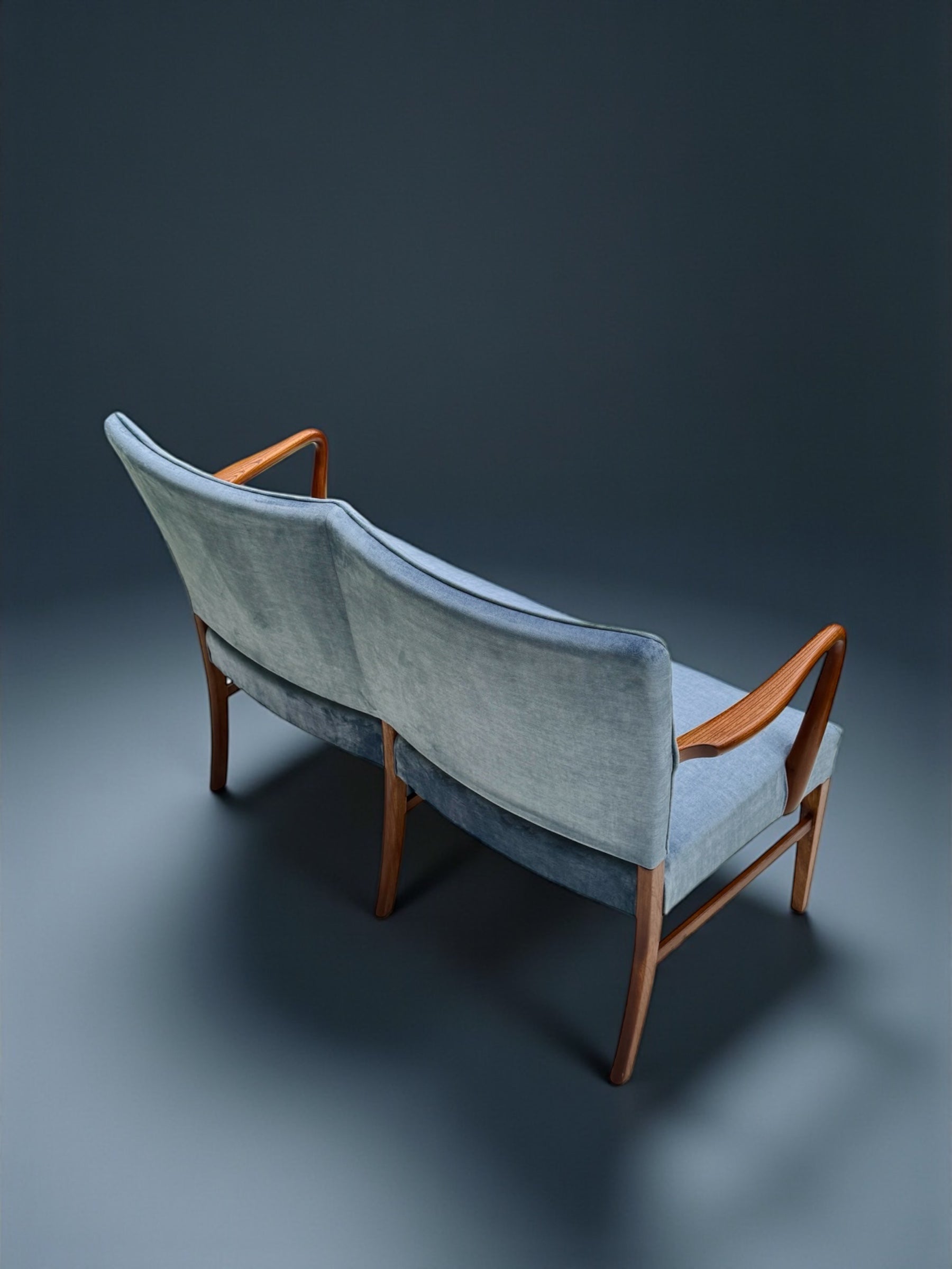 Danish_Two_Seater_Sofa_in_Walnut_and_Light_Blue_Velvet