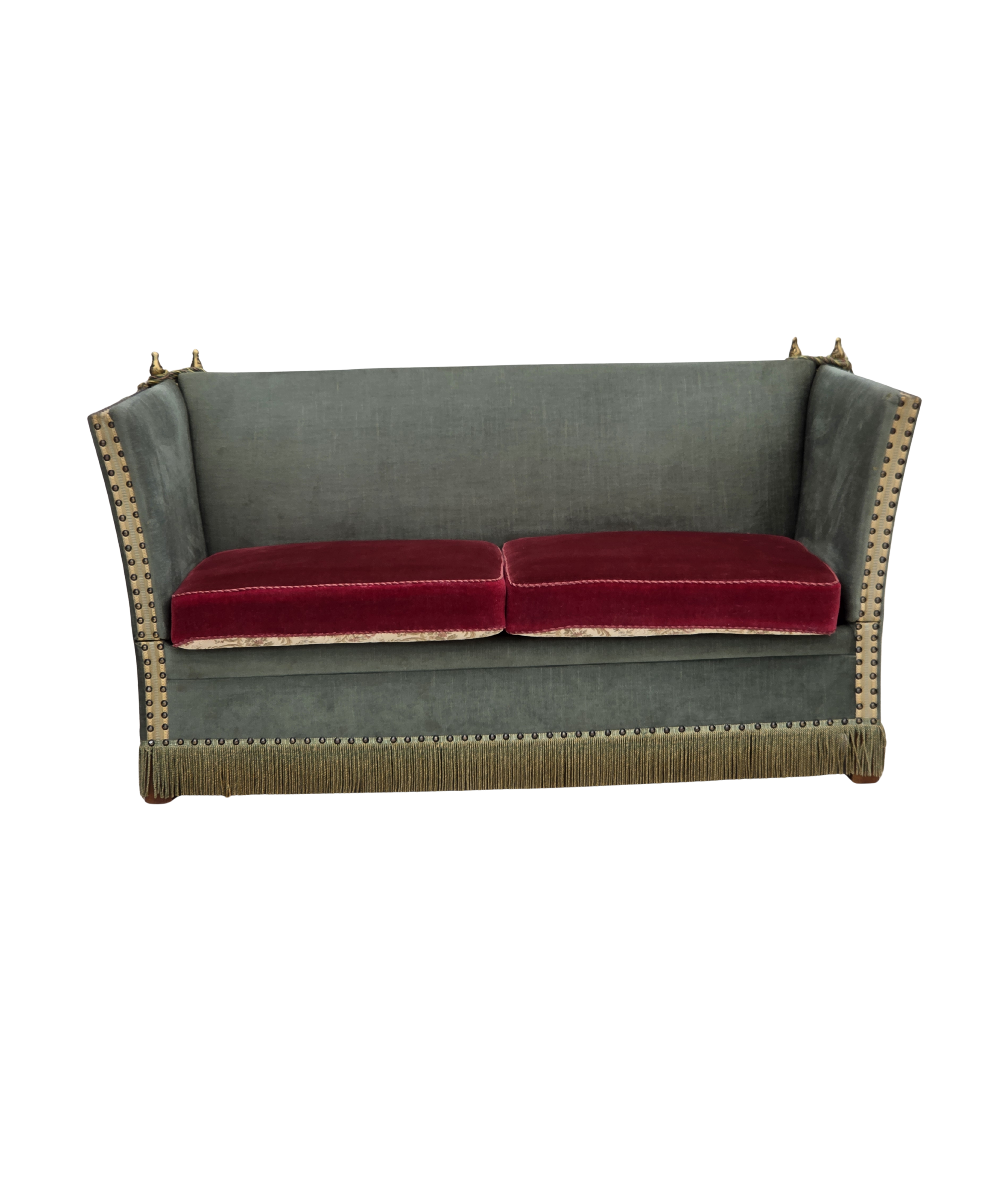 Danish_Drop-Arm_Spanish_2-Seater_Sofa_in_Green_and_Red_Velour,_1960s–1970s