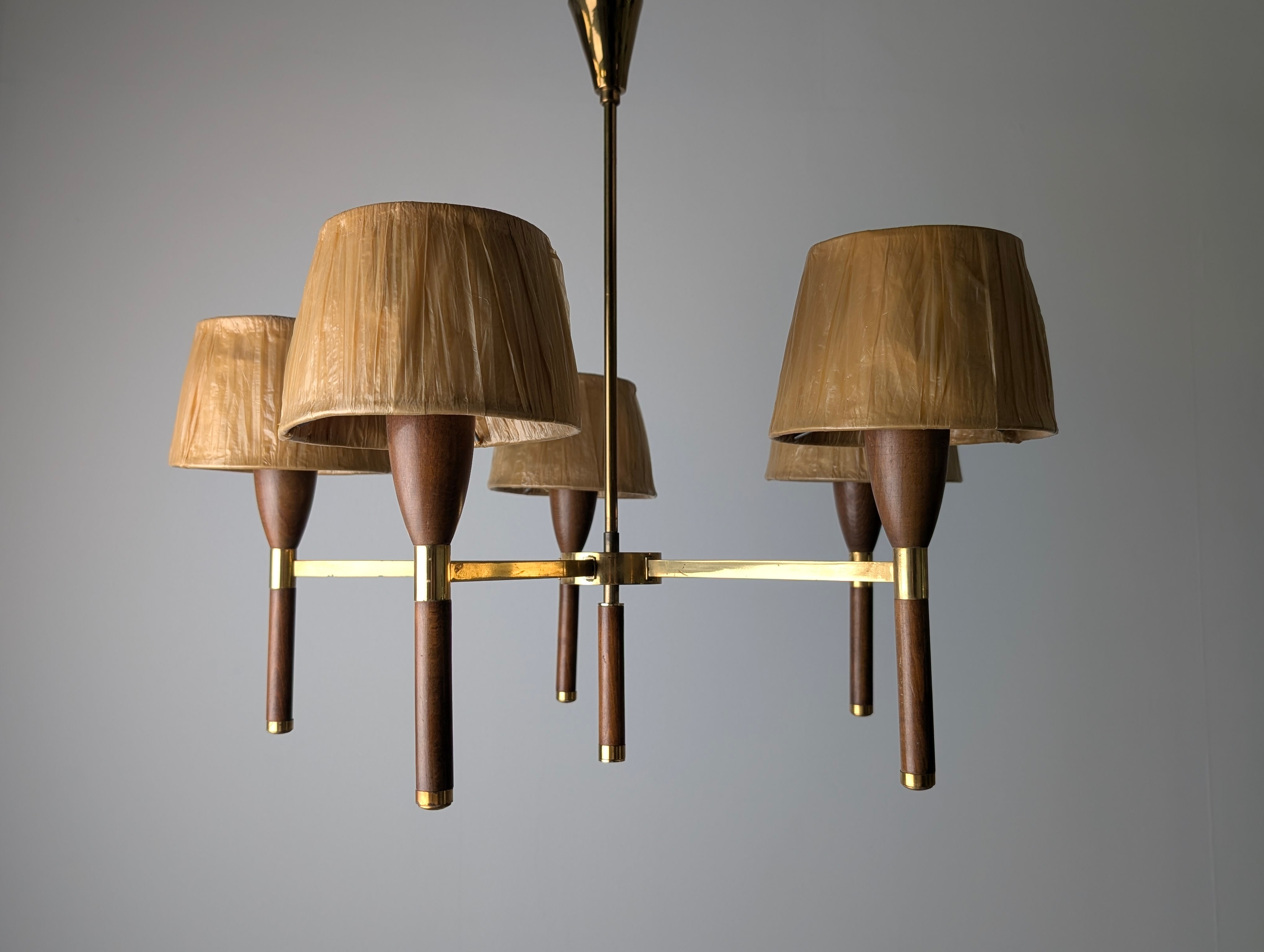 Danish_Five_Arm_Brass_and_Wood_Chandelier,_Scandinavian_Modern,_1950s