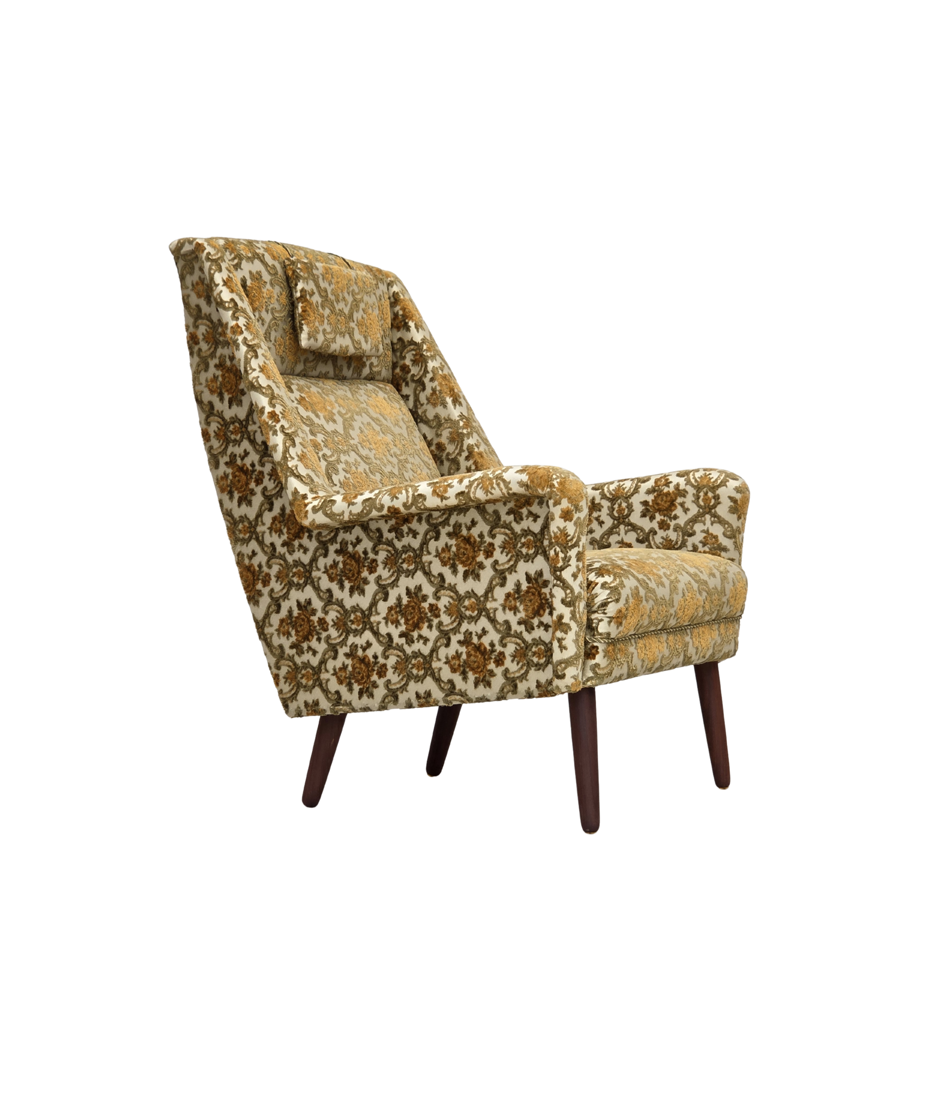 Danish_Highback_Armchair_in_Brown_Beige_Fabric_and_Teak,_Denmark,_1970s