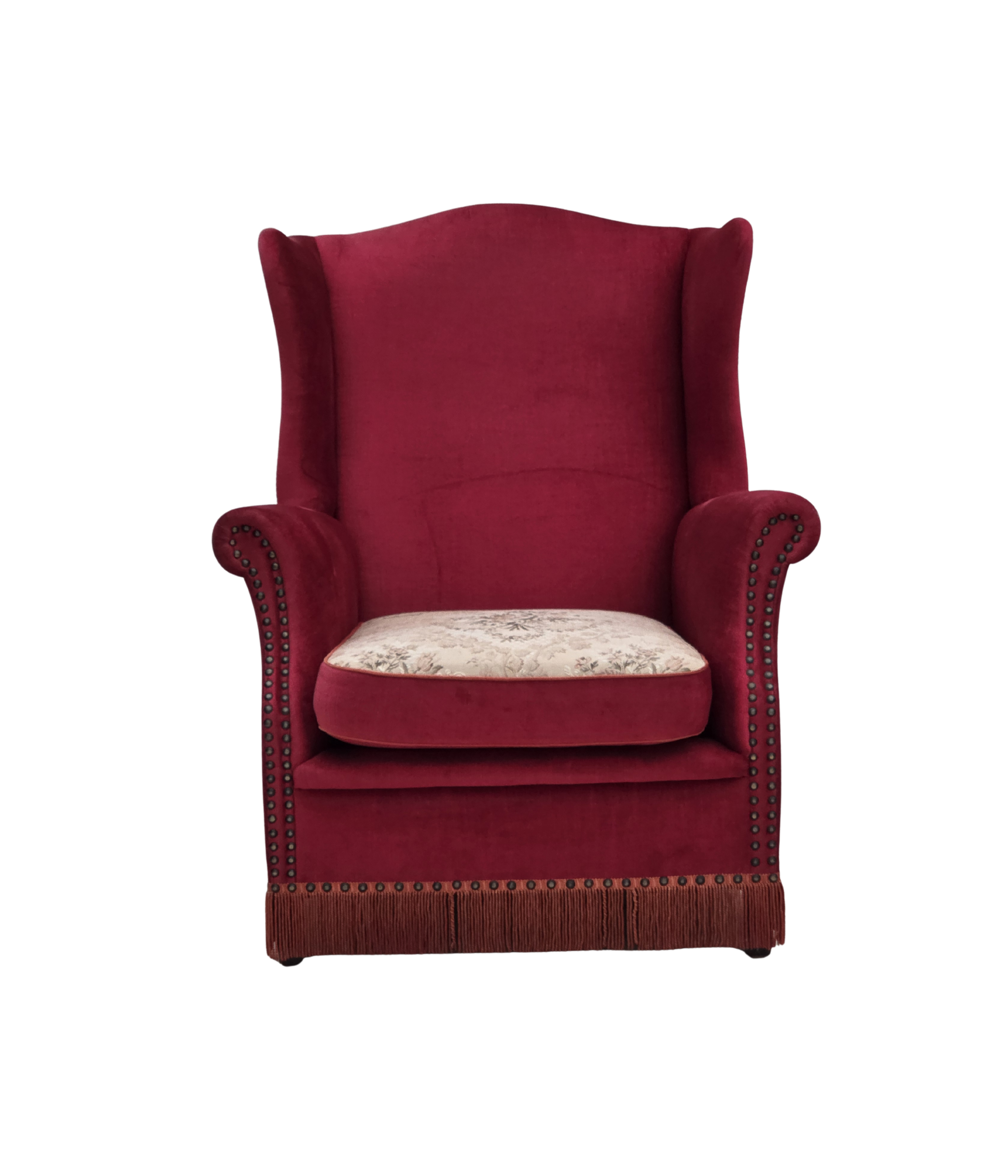 Danish_Highback_Armchair_in_Red_Velour_and_Ash_Wood_with_Reversible_Cushion,_Denmark,_1970s