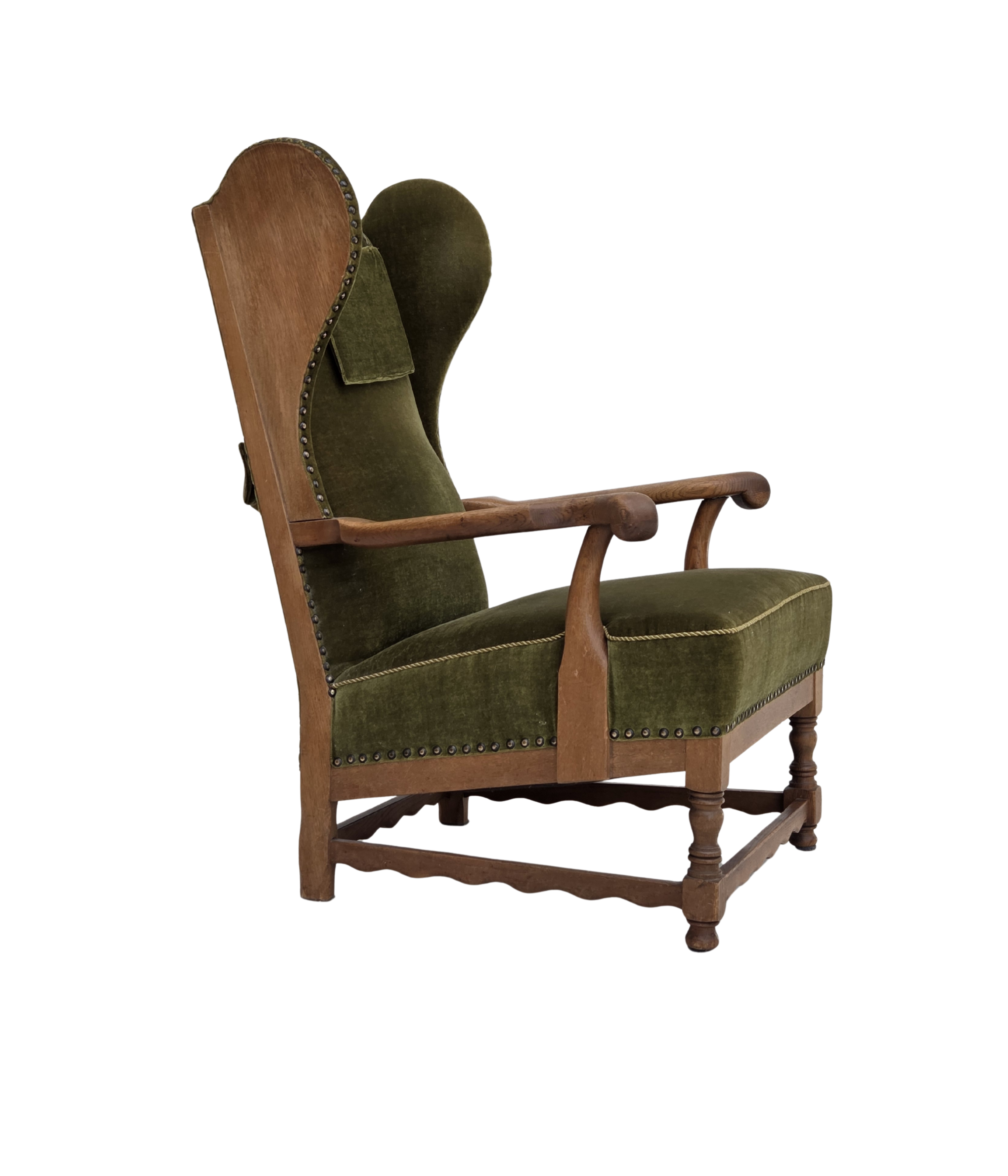 Danish_Highback_Wingback_Armchair_in_Green_Velour_and_Oak,_Denmark,_1960s