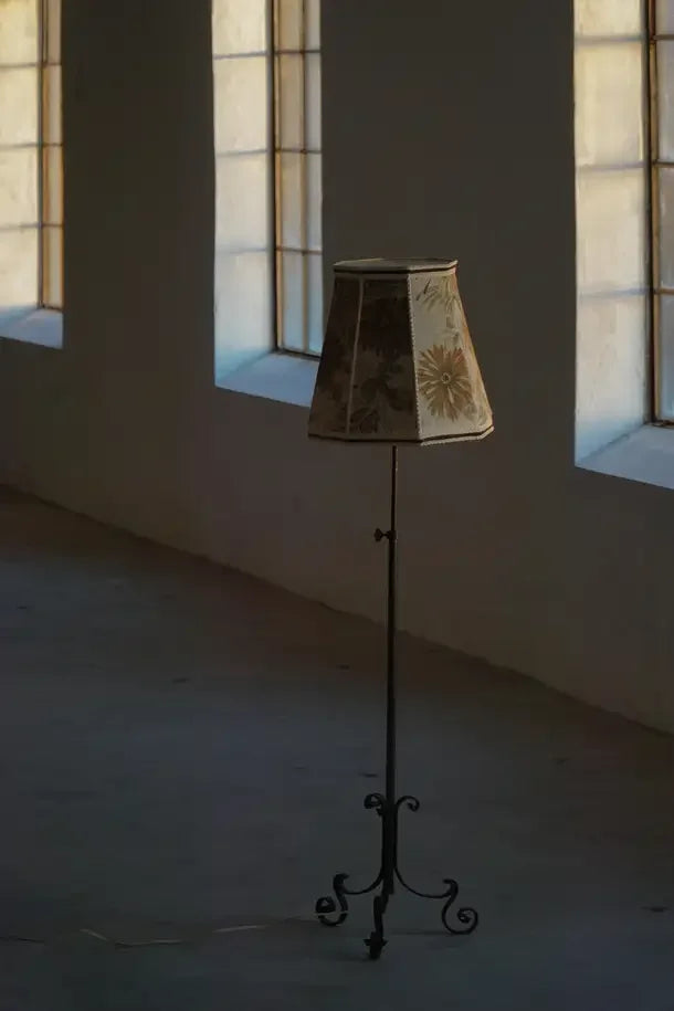 Danish_Iron_Floor_Lamp_with_Tripod_Base_and_Floral_Shade