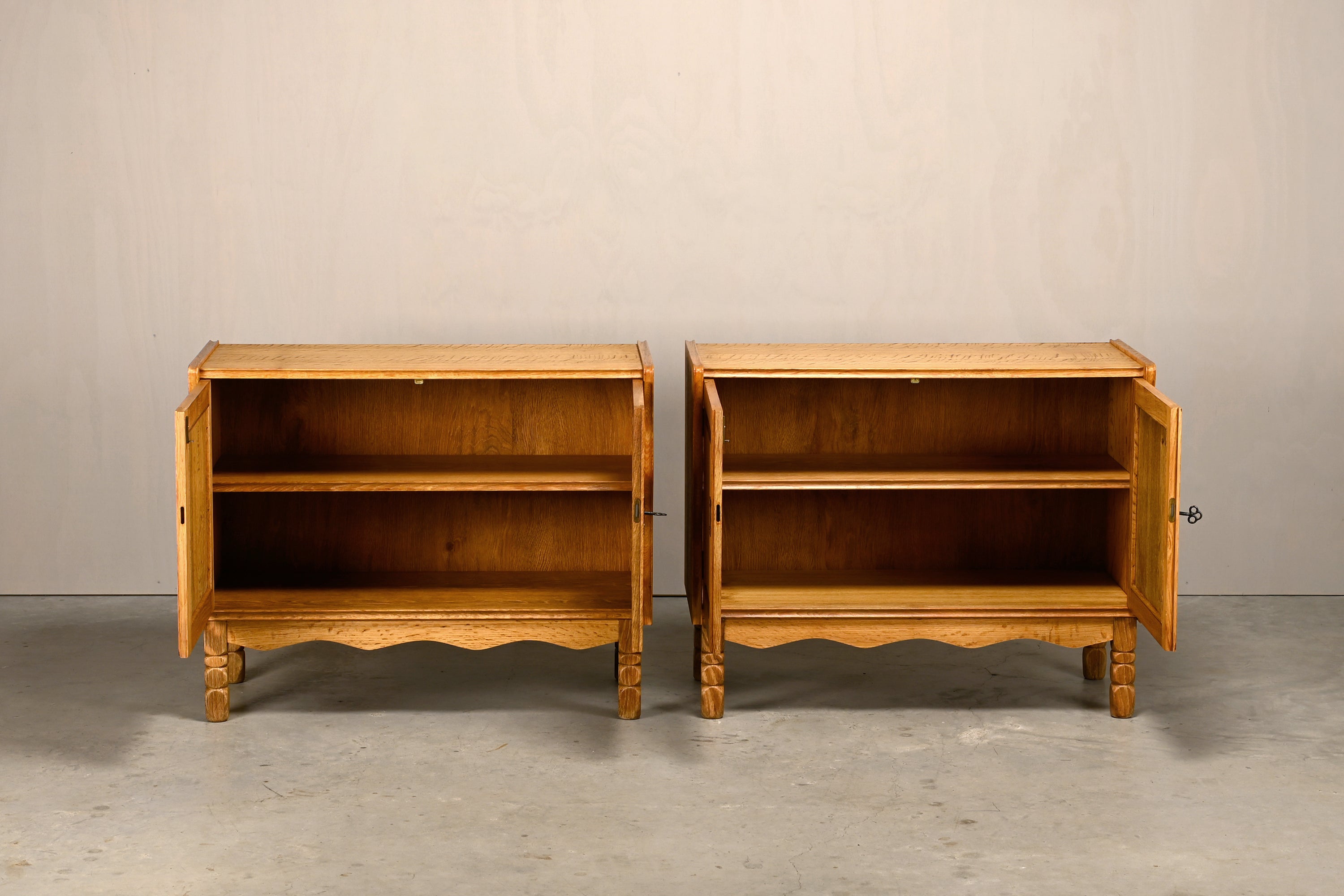 Set_of_2_Danish_Brutalist_Oak_Cabinets_Attributed_to_Henning_Kjærnulf,_1960s