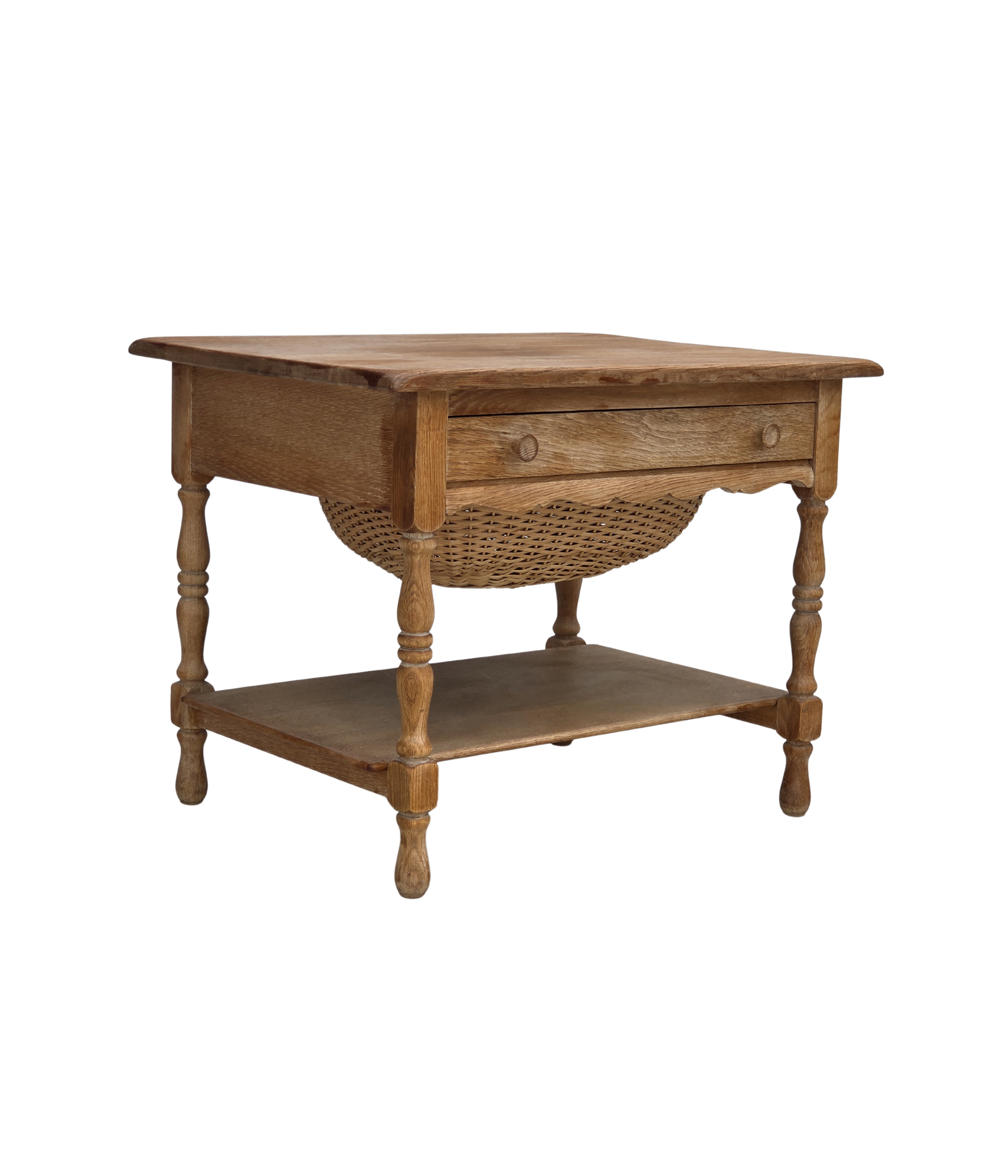 Danish_Mid-Century_Modern_Solid_Oak_Table_with_Drawers_and_Rattan_Details,_circa_1965-1970