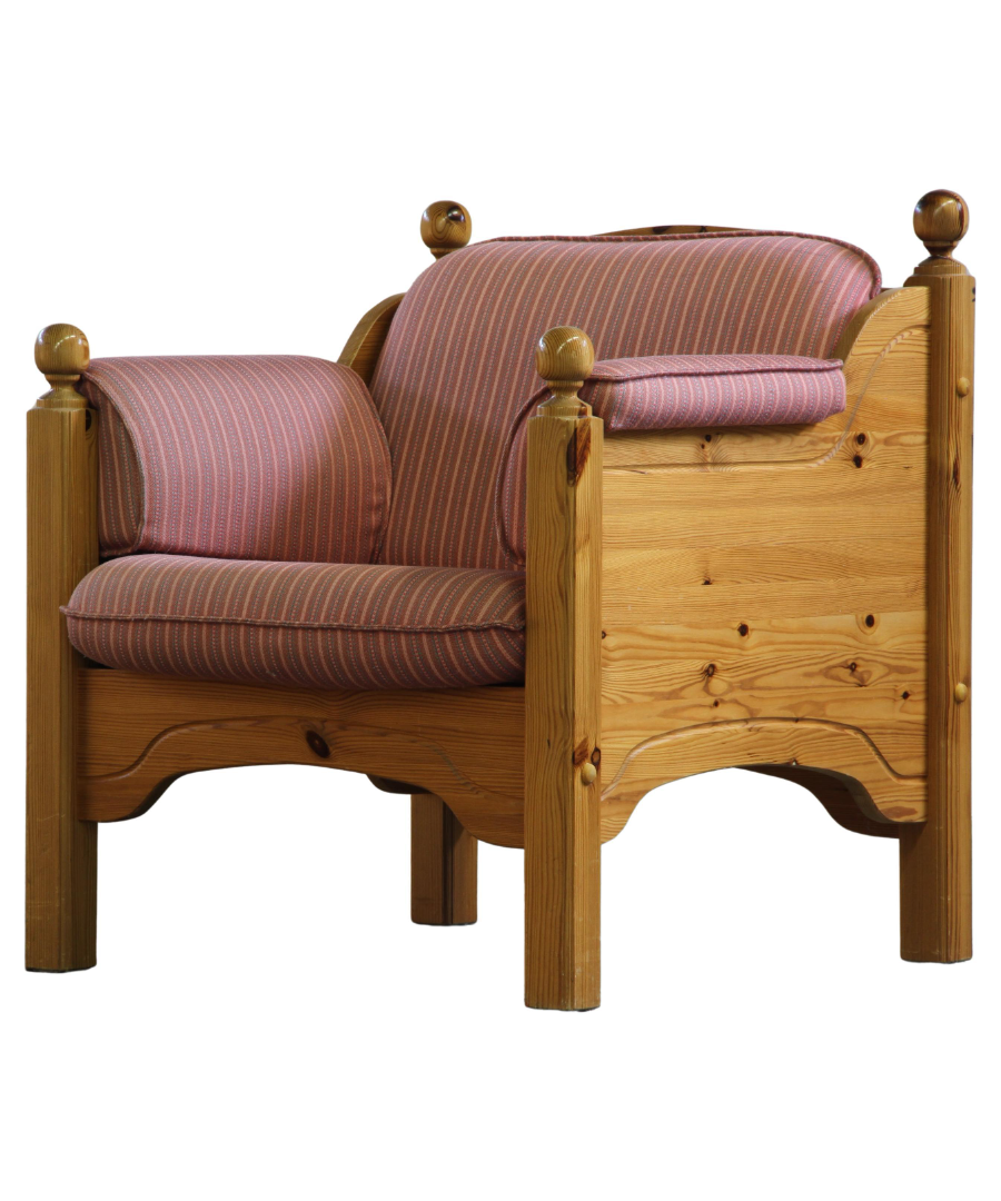 Danish_Mid-Century_Pine_Lounge_Chair_with_Striped_Cushions_and_Rounded_Finials,_1970s