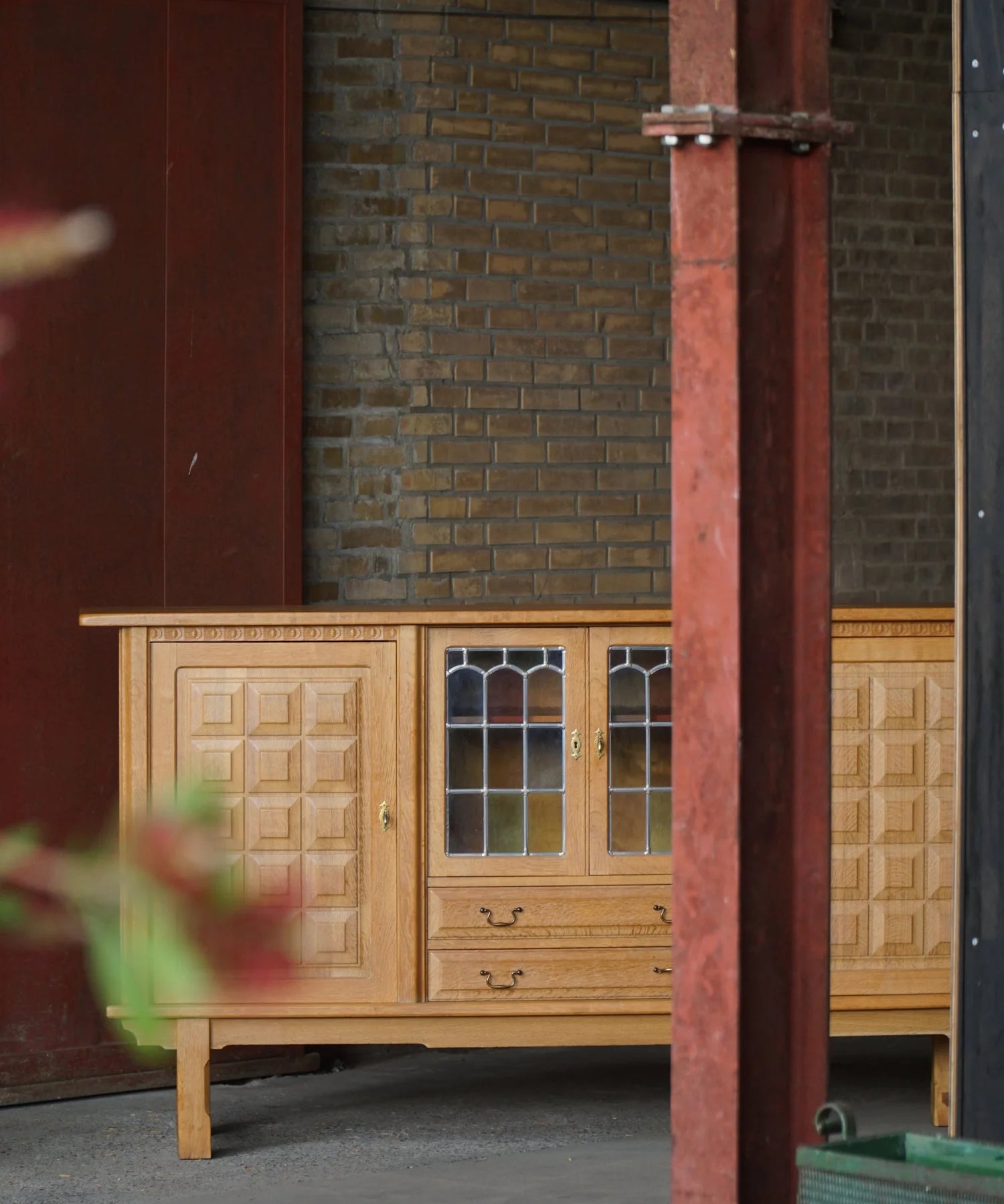 Danish_Oak_Sideboard_with_Leaded_Glass_Doors,_Scandinavian_Cabinetmaker_Credenza,_Mid_Century_Modern