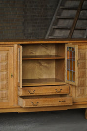 Danish_Oak_Sideboard_with_Leaded_Glass_Doors,_Scandinavian_Cabinetmaker_Credenza,_Mid_Century_Modern