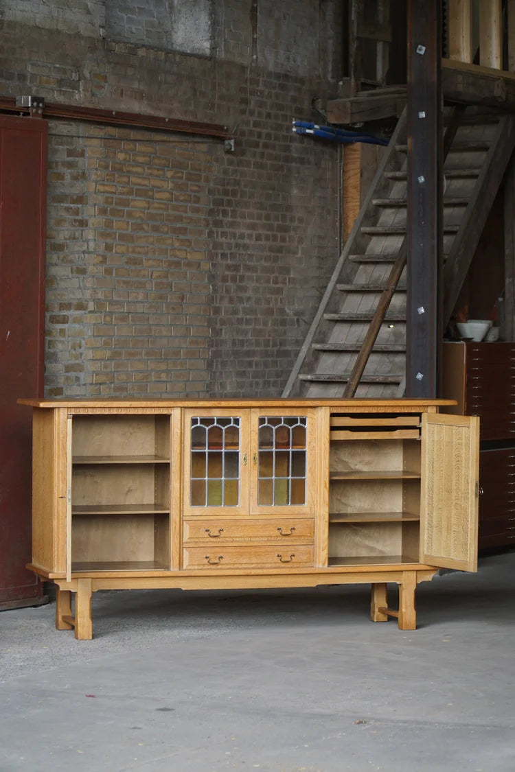 Danish_Oak_Sideboard_with_Leaded_Glass_Doors,_Scandinavian_Cabinetmaker_Credenza,_Mid_Century_Modern