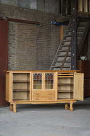 Danish_Oak_Sideboard_with_Leaded_Glass_Doors,_Scandinavian_Cabinetmaker_Credenza,_Mid_Century_Modern