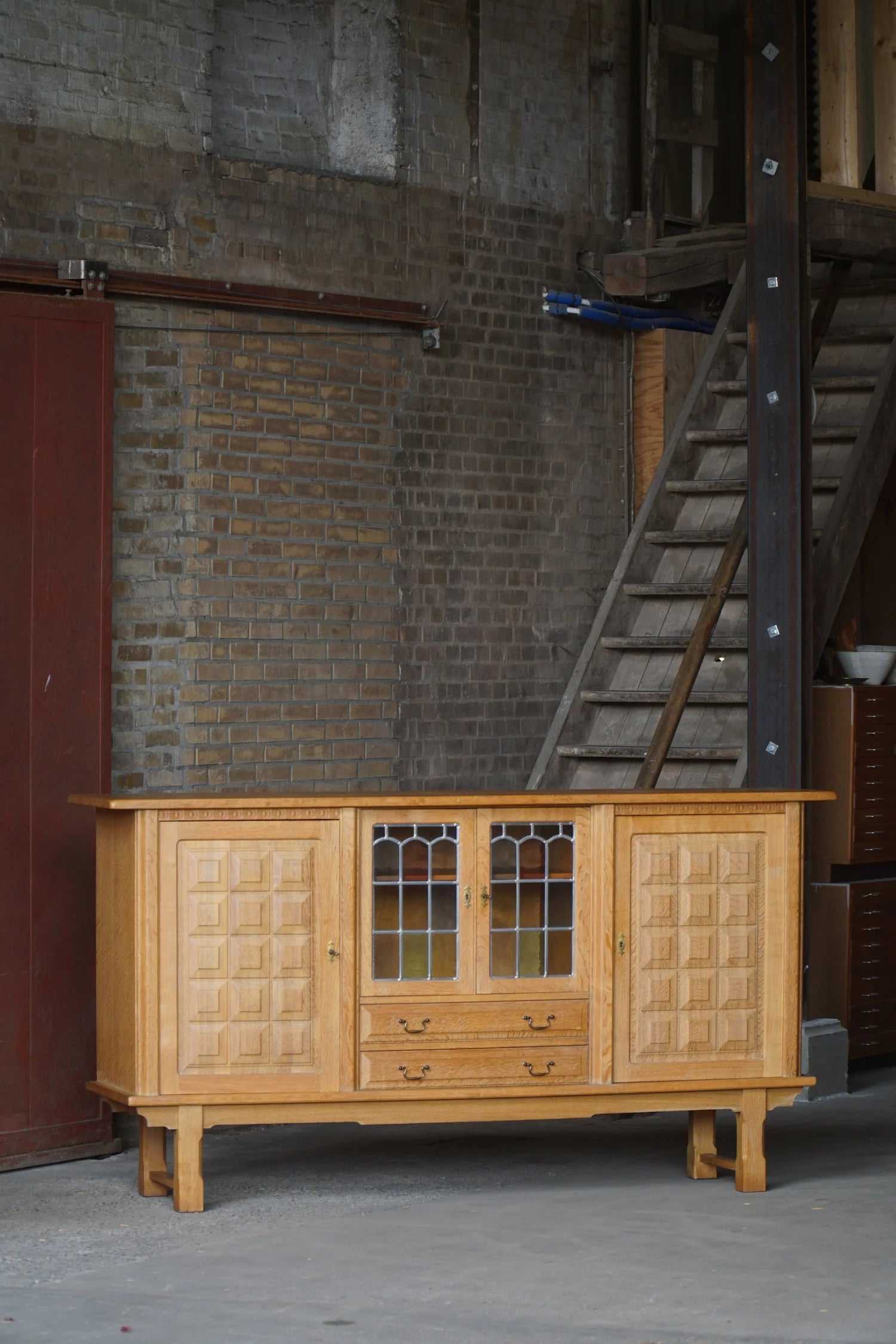 Danish_Oak_Sideboard_with_Leaded_Glass_Doors,_Scandinavian_Cabinetmaker_Credenza,_Mid_Century_Modern