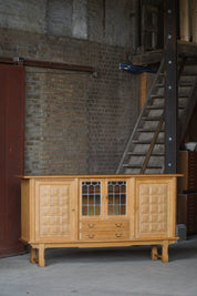 Danish_Oak_Sideboard_with_Leaded_Glass_Doors,_Scandinavian_Cabinetmaker_Credenza,_Mid_Century_Modern
