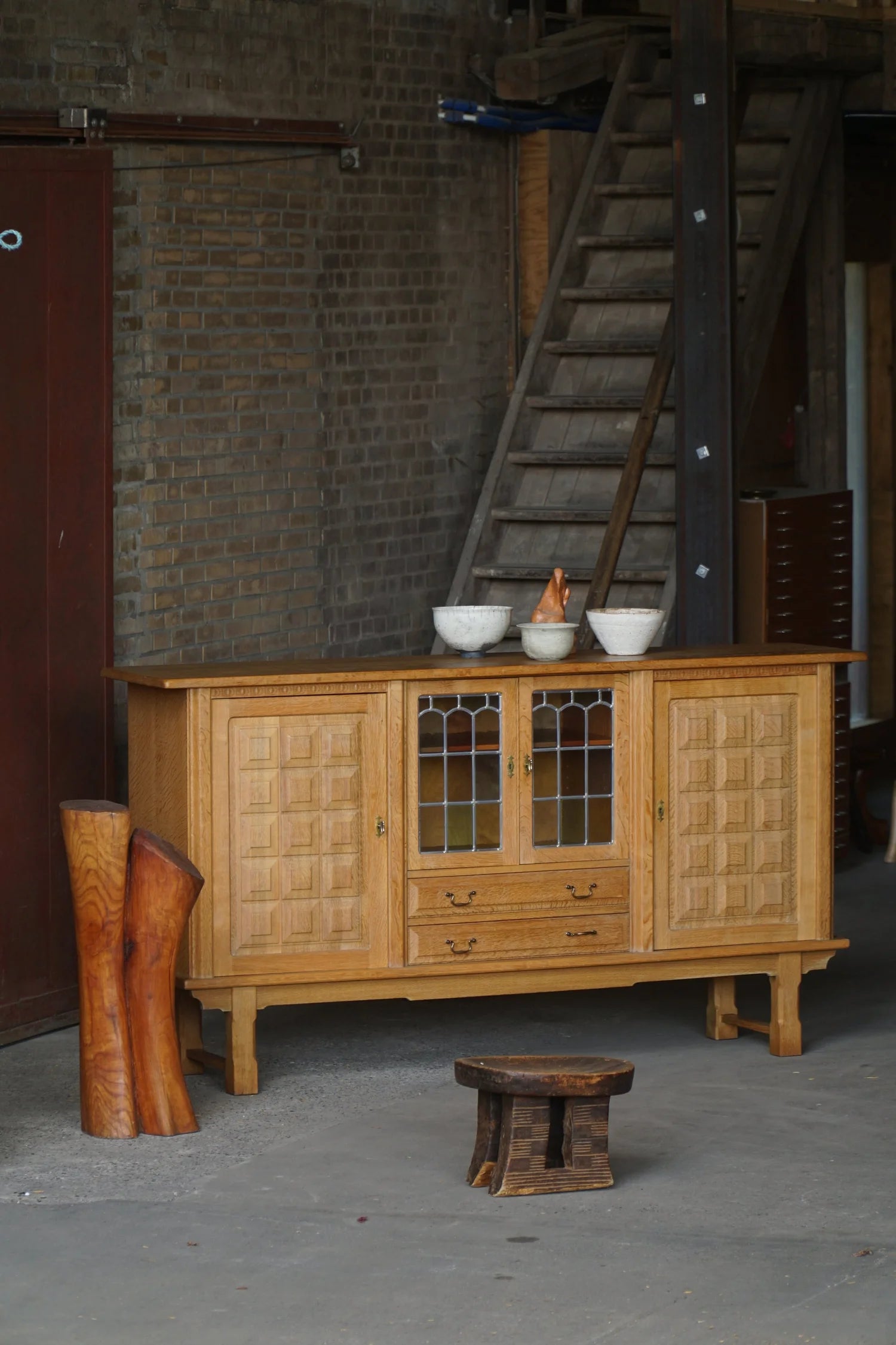 Danish_Oak_Sideboard_with_Leaded_Glass_Doors,_Scandinavian_Cabinetmaker_Credenza,_Mid_Century_Modern