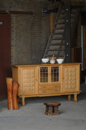 Danish_Oak_Sideboard_with_Leaded_Glass_Doors,_Scandinavian_Cabinetmaker_Credenza,_Mid_Century_Modern