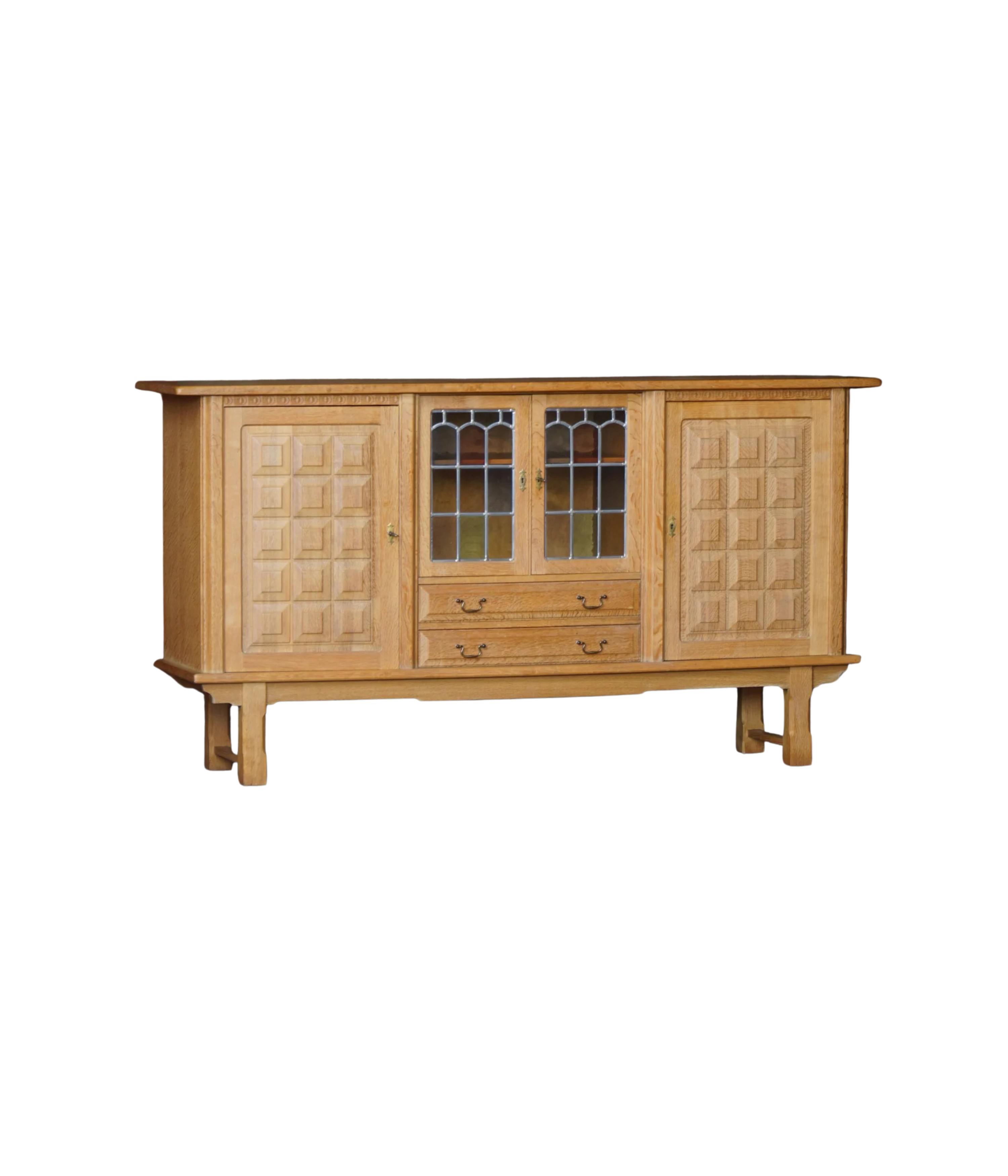 Danish_Oak_Sideboard_with_Leaded_Glass_Doors,_Scandinavian_Cabinetmaker_Credenza,_Mid_Century_Modern