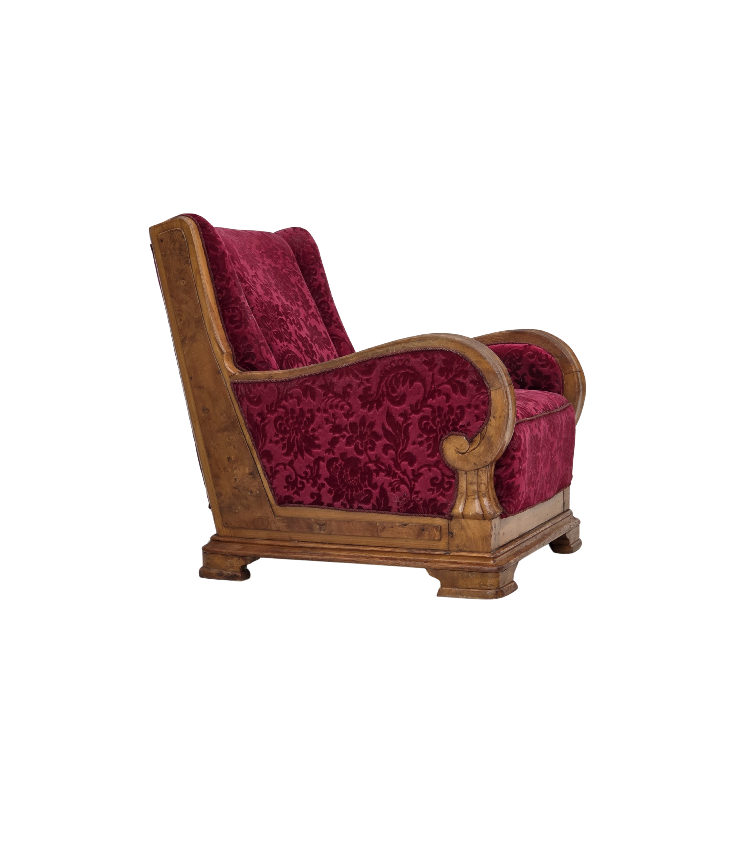 Danish_Red_Velour_Lounge_Chair_with_Oak_Frame,_1950s