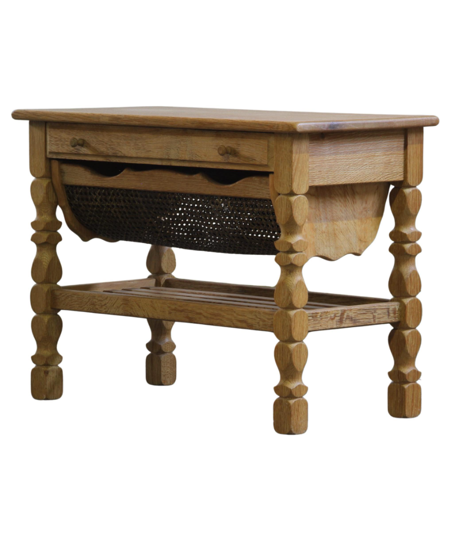 Danish_Solid_Oak_Sewing_Table_with_Wicker_Basket_in_the_Style_of_Henning_Kjærnulf,_1960s