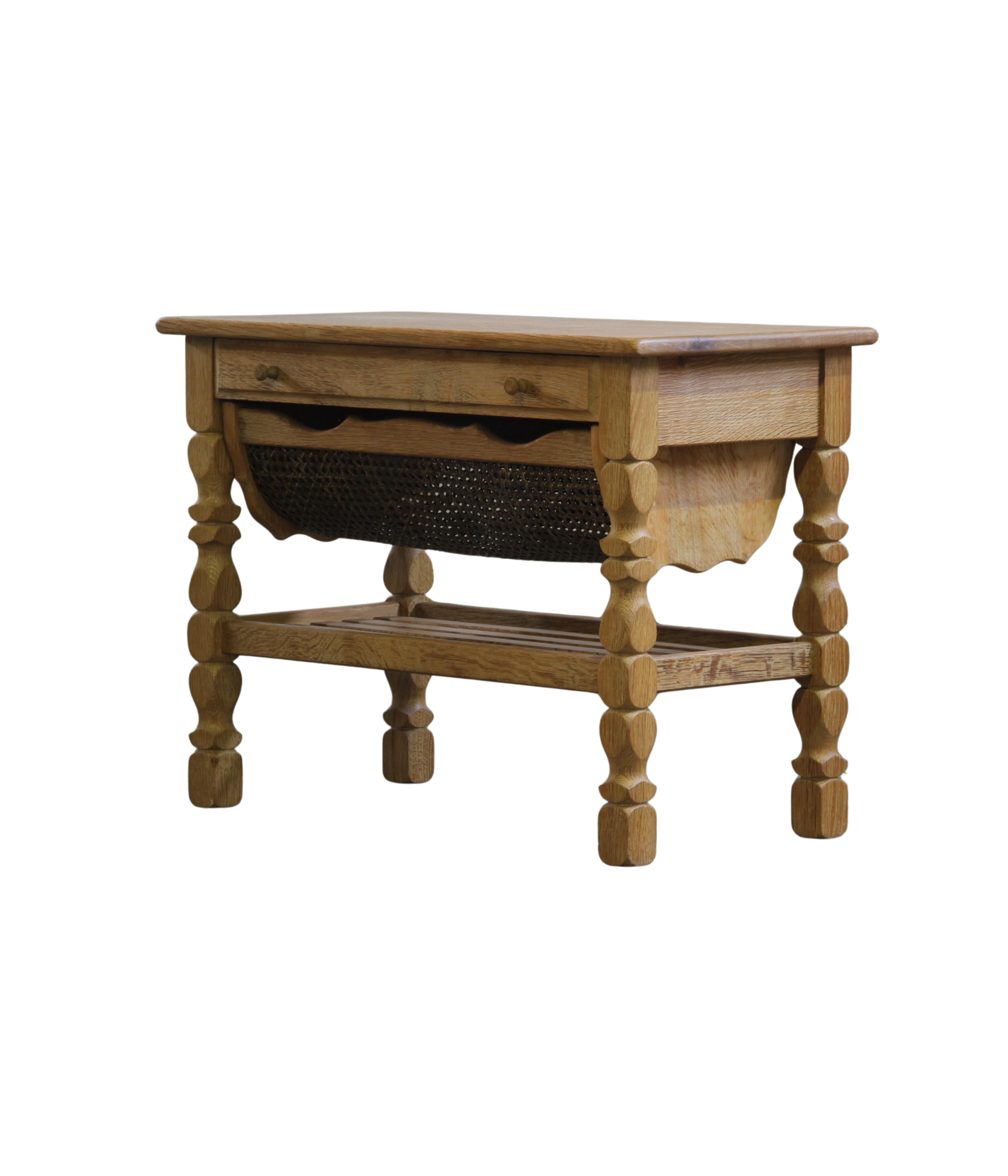 Danish_Solid_Oak_Sewing_Table_with_Wicker_Basket_in_the_Style_of_Henning_Kjærnulf,_1960s