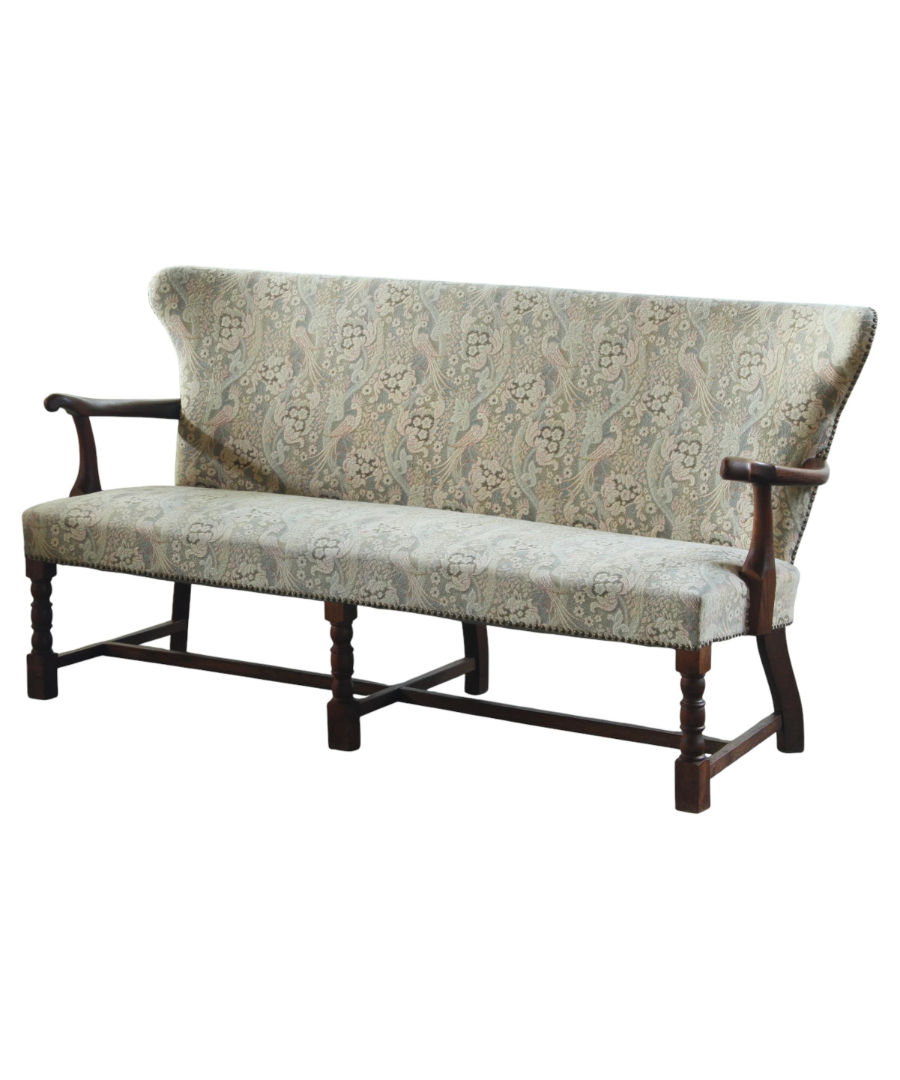 Danish_Solid_Oak_Sofa_with_Floral_Upholstery,_Turned_Legs_and_Art_Deco_Details,_1940s