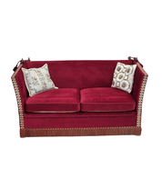 Danish_Spanish_Drop_Arm_Two-Seater_Sofa_in_Red_Velour_and_Jacquard_Fabric,_Denmark,_1970s