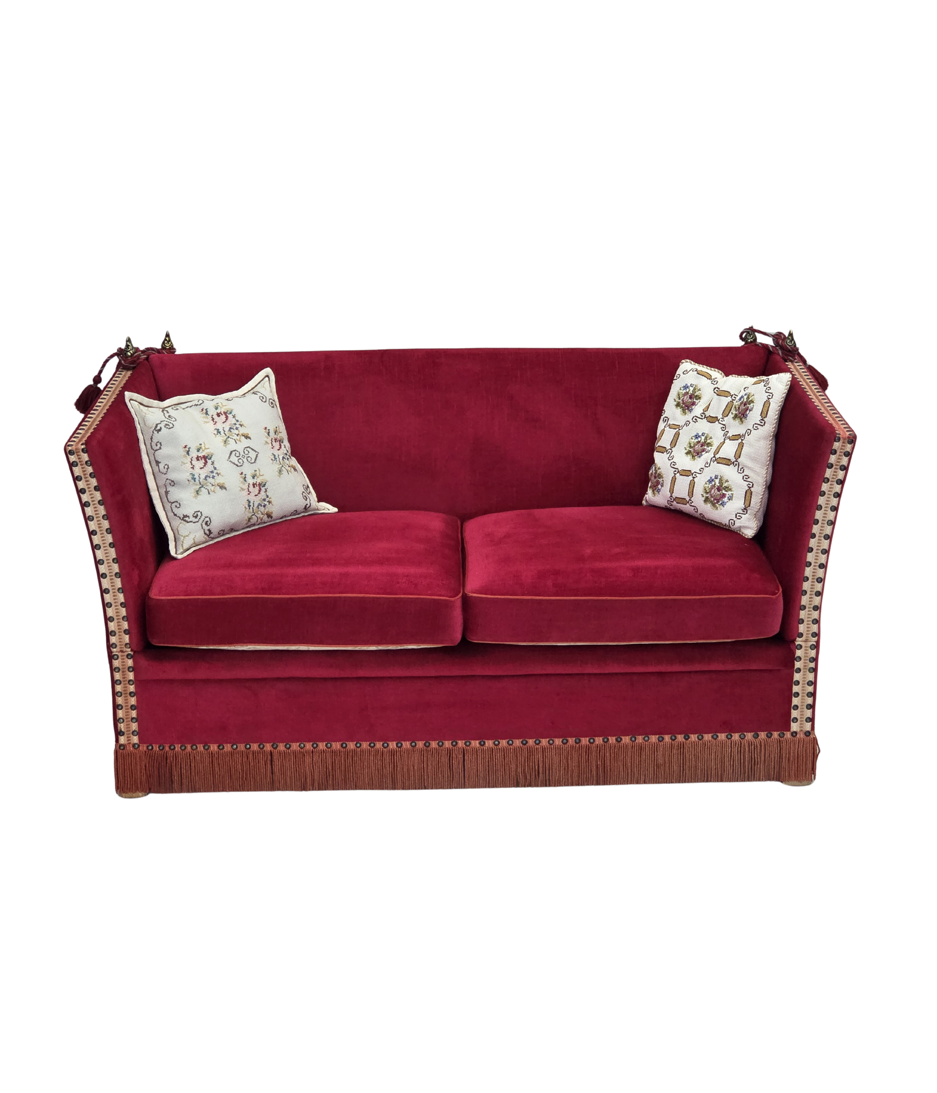 Danish_Spanish_Drop_Arm_Two-Seater_Sofa_in_Red_Velour_and_Jacquard_Fabric,_Denmark,_1970s