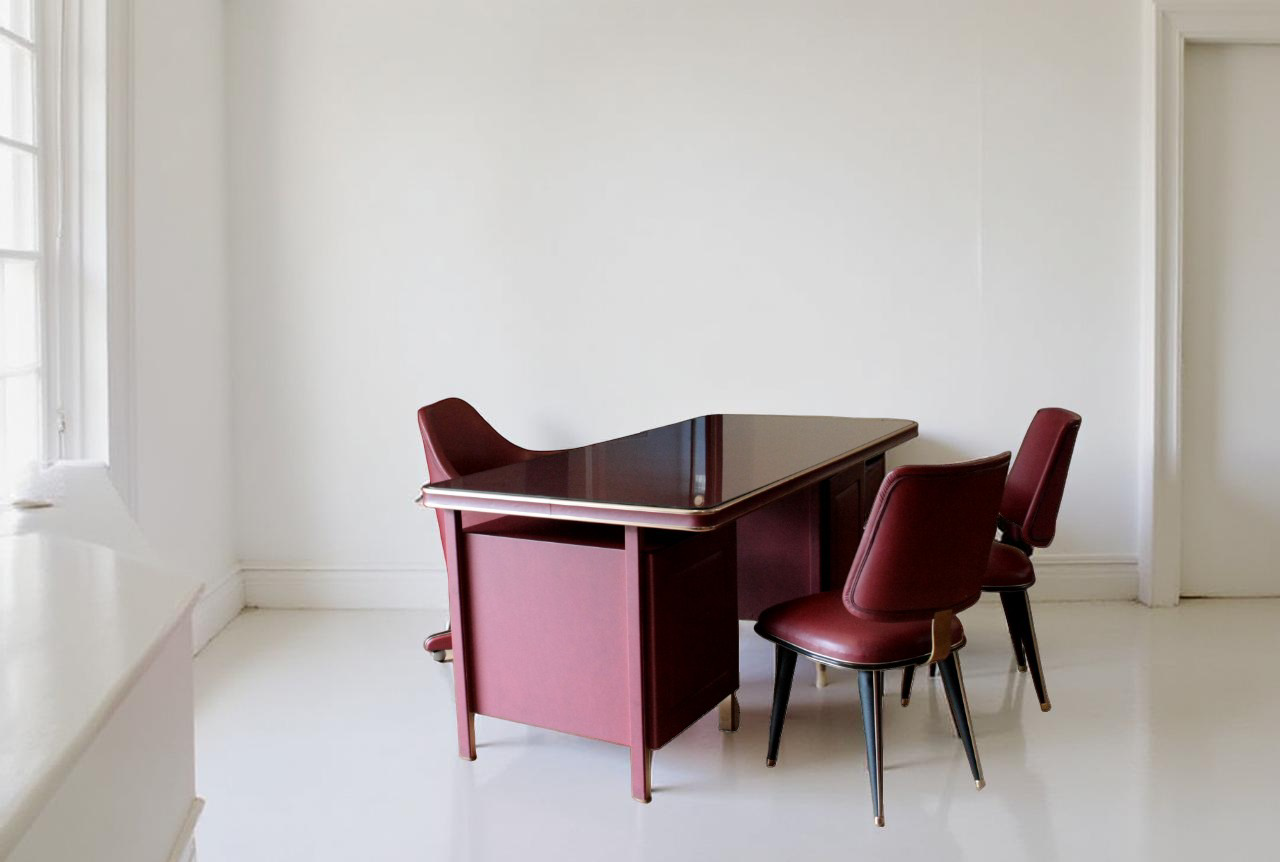 Desk_and_three-chair_set_by_Umberto_Mascagni_in_burgundy_faux_leather_and_brass,_1950,_Italy