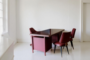 Set_of_Desk_and_3_chairs_by_Umberto_Mascagni_in_burgundy_faux_leather_and_brass,_1950,_Italy