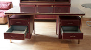 Set_of_Desk_and_3_chairs_by_Umberto_Mascagni_in_burgundy_faux_leather_and_brass,_1950,_Italy