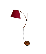 Domus_Adjustable_Teak_Floor_Lamp_with_Cherry_Red_Wild_Silk_Shade,_1960s