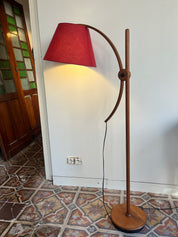 Domus_Adjustable_Teak_Floor_Lamp_with_Cherry_Red_Wild_Silk_Shade,_1960s