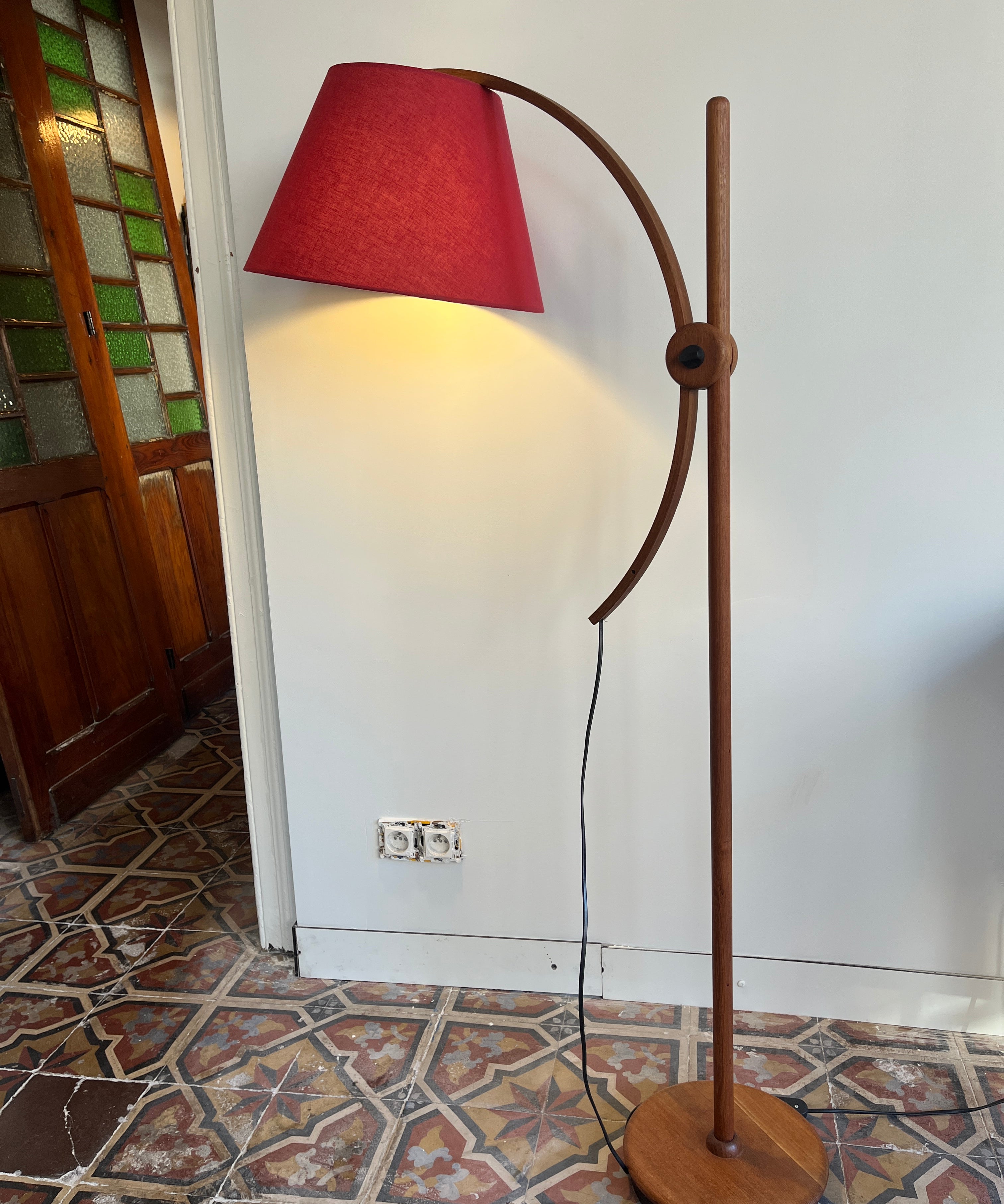 Domus_Adjustable_Teak_Floor_Lamp_with_Cherry_Red_Wild_Silk_Shade,_1960s