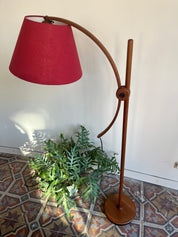 Domus_Adjustable_Teak_Floor_Lamp_with_Cherry_Red_Wild_Silk_Shade,_1960s