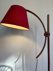 Domus_Adjustable_Teak_Floor_Lamp_with_Cherry_Red_Wild_Silk_Shade,_1960s