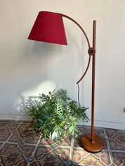 Domus_Adjustable_Teak_Floor_Lamp_with_Cherry_Red_Wild_Silk_Shade,_1960s