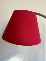 Domus_Adjustable_Teak_Floor_Lamp_with_Cherry_Red_Wild_Silk_Shade,_1960s