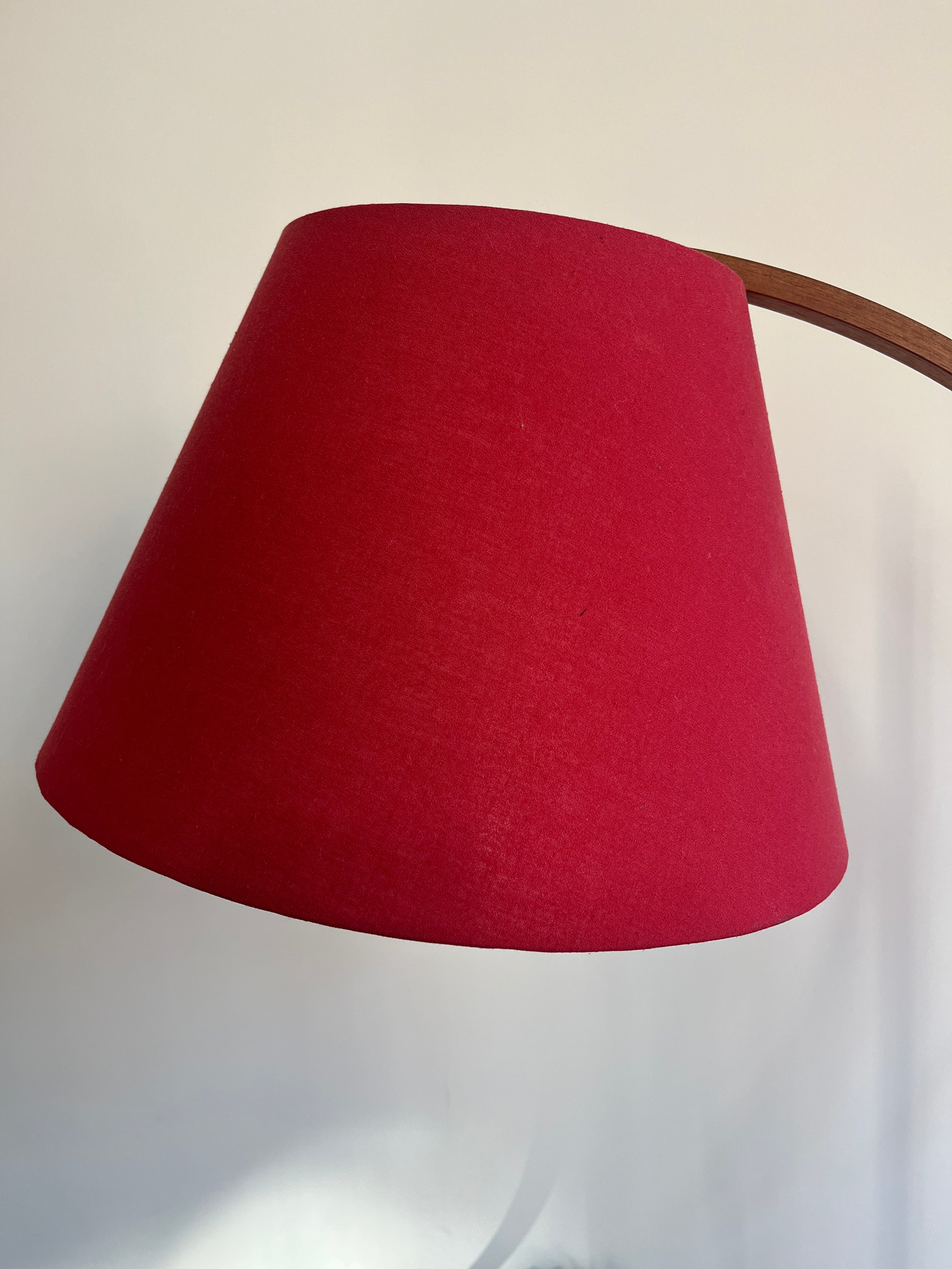 Domus_Adjustable_Teak_Floor_Lamp_with_Cherry_Red_Wild_Silk_Shade,_1960s
