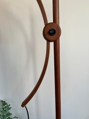 Domus_Adjustable_Teak_Floor_Lamp_with_Cherry_Red_Wild_Silk_Shade,_1960s